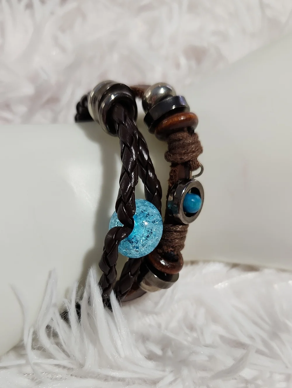 Brown Leather Pullstring Bracelet with Turquoise Wood Bead